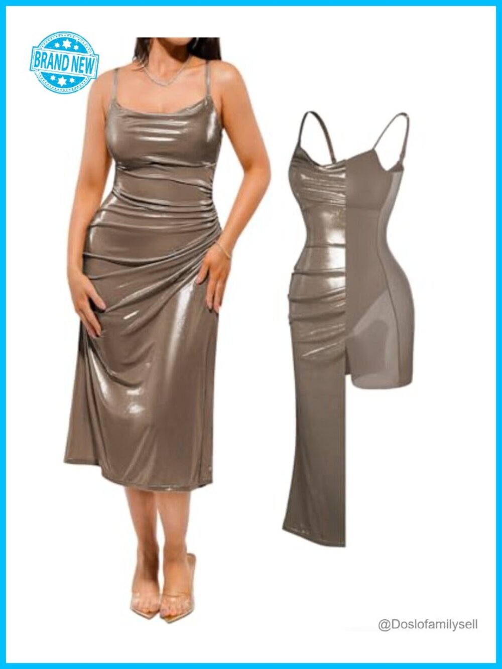 Popilush Shapewear Midi Dress Built-in Bra Cowl Neck Ruched Cocktail